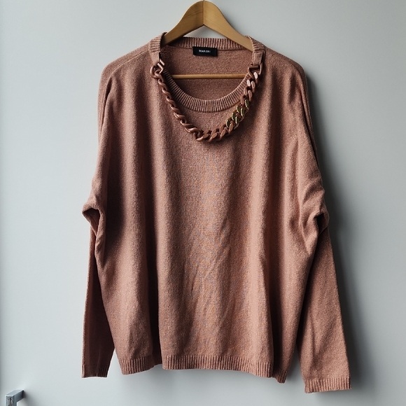 Marani Sweaters - Marani Metallic Oversized Knit Wool Blend Sweater with Enamel Necklace Detail